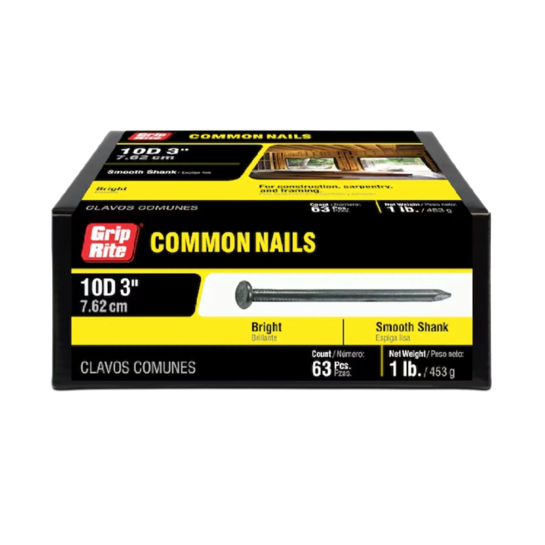 The GRIP-RITE 10C1 #9 x 3 in. 10D Bright Common Nails from Grip-Rite includes a pack of 63 nails, weighing 1 pound (453 grams), packaged in black with yellow accents, featuring images of the nails.